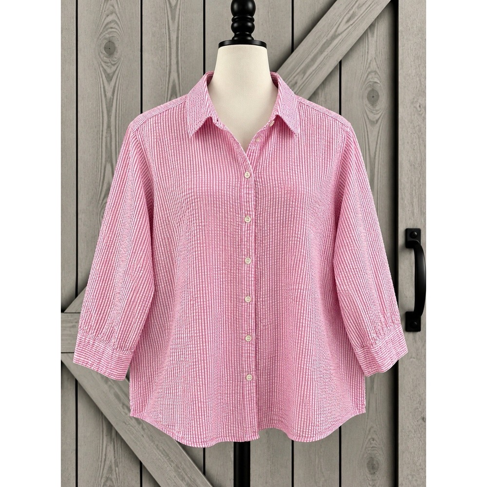 LL Bean Essential Cotton Seersucker Button Down Pink White Striped Size 3X